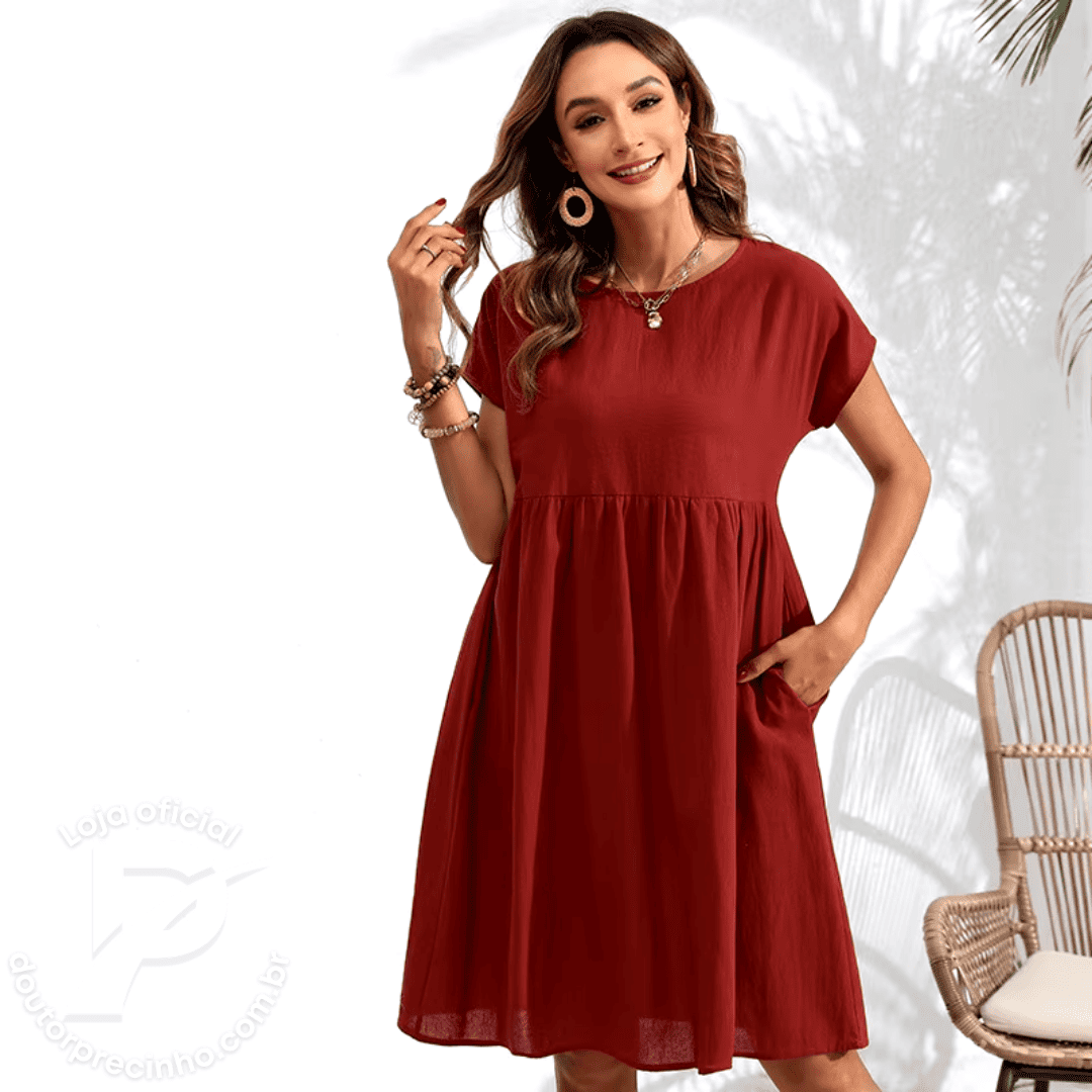 Vestido Feminino Celine - Modelagem Solta com Mangas Curtas e Cintura Ajustada