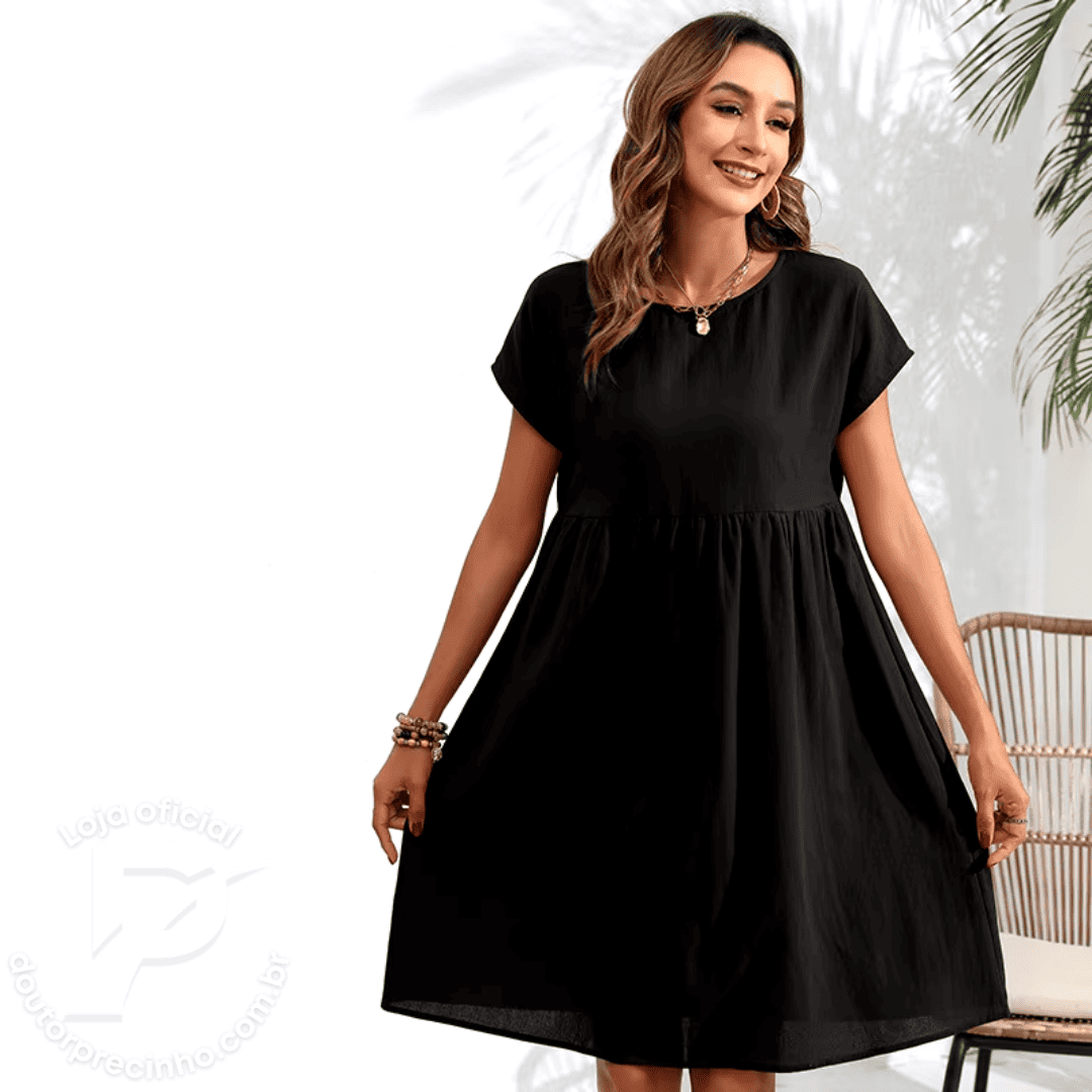Vestido Feminino Celine - Modelagem Solta com Mangas Curtas e Cintura Ajustada