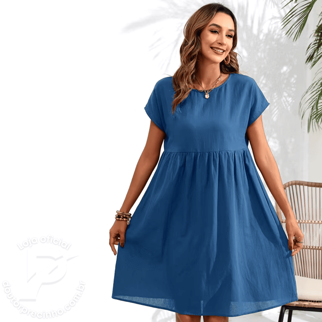 Vestido Feminino Celine - Modelagem Solta com Mangas Curtas e Cintura Ajustada