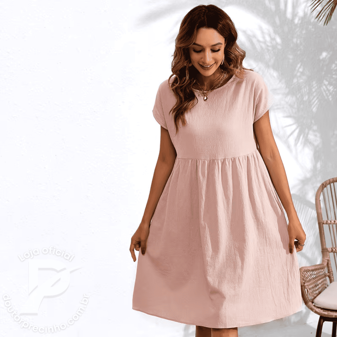 Vestido Feminino Celine - Modelagem Solta com Mangas Curtas e Cintura Ajustada