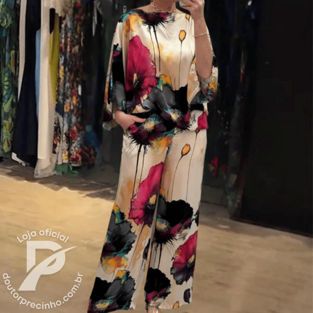 Conjunto Feminino Flora - Blusa e Calça com Estampa Floral Artística e Modelagem Solta
