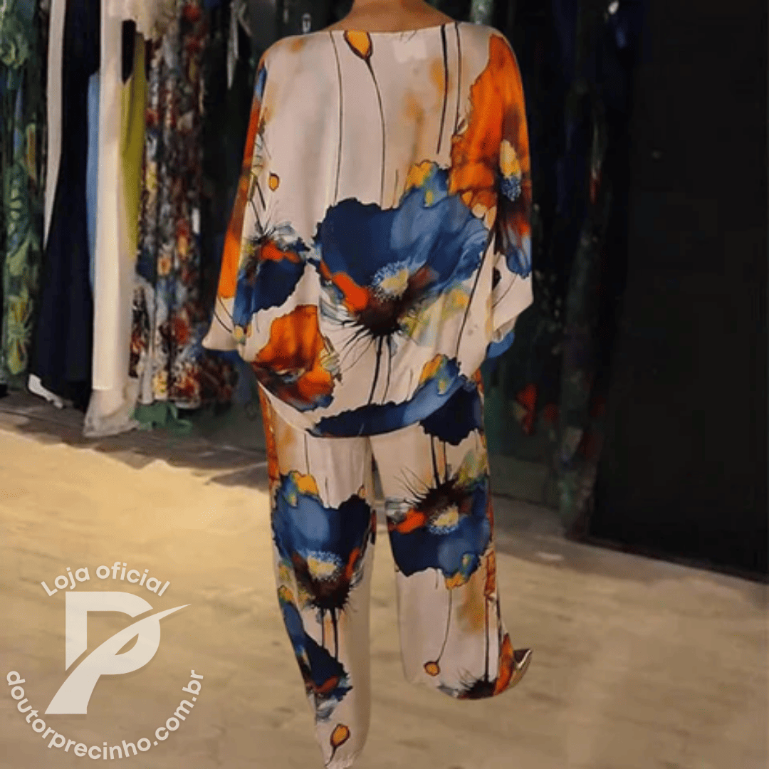 Conjunto Feminino Flora - Blusa e Calça com Estampa Floral Artística e Modelagem Solta