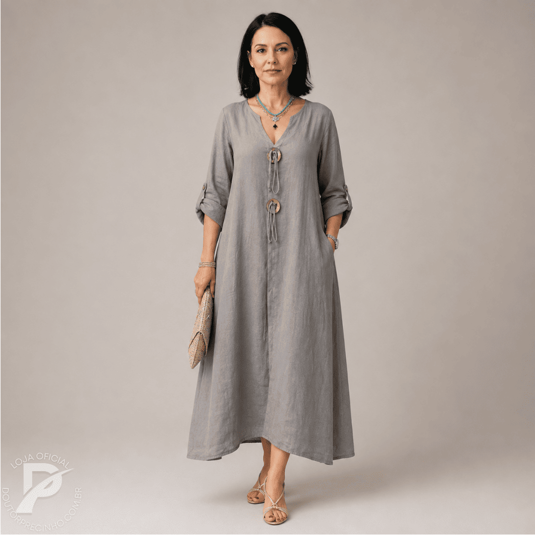 Vestido Feminino Aurora - Modelo Longo com Botões Decorativos e Mangas 3/4