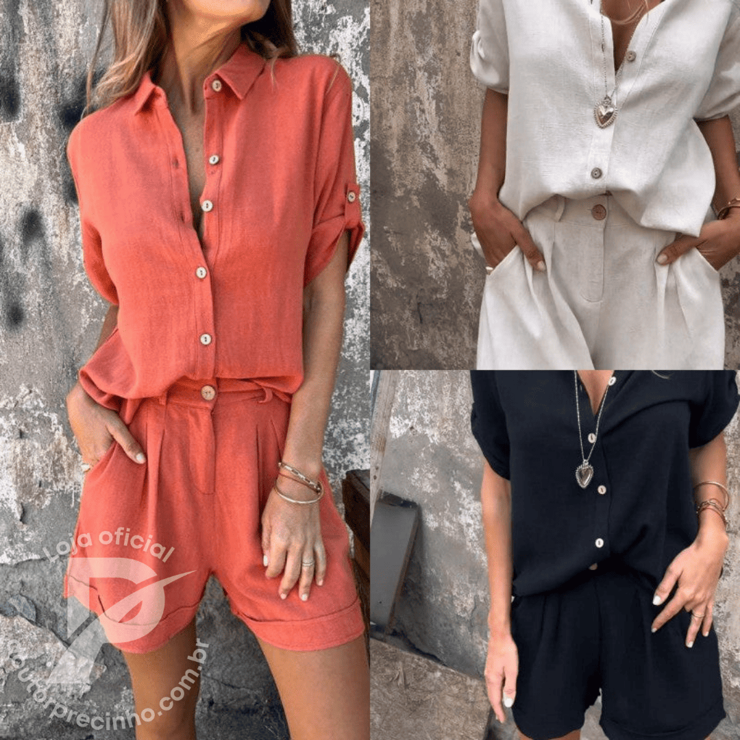 Conjunto Feminino Verona - Camisa e Shorts com Botões e Caimento Leve