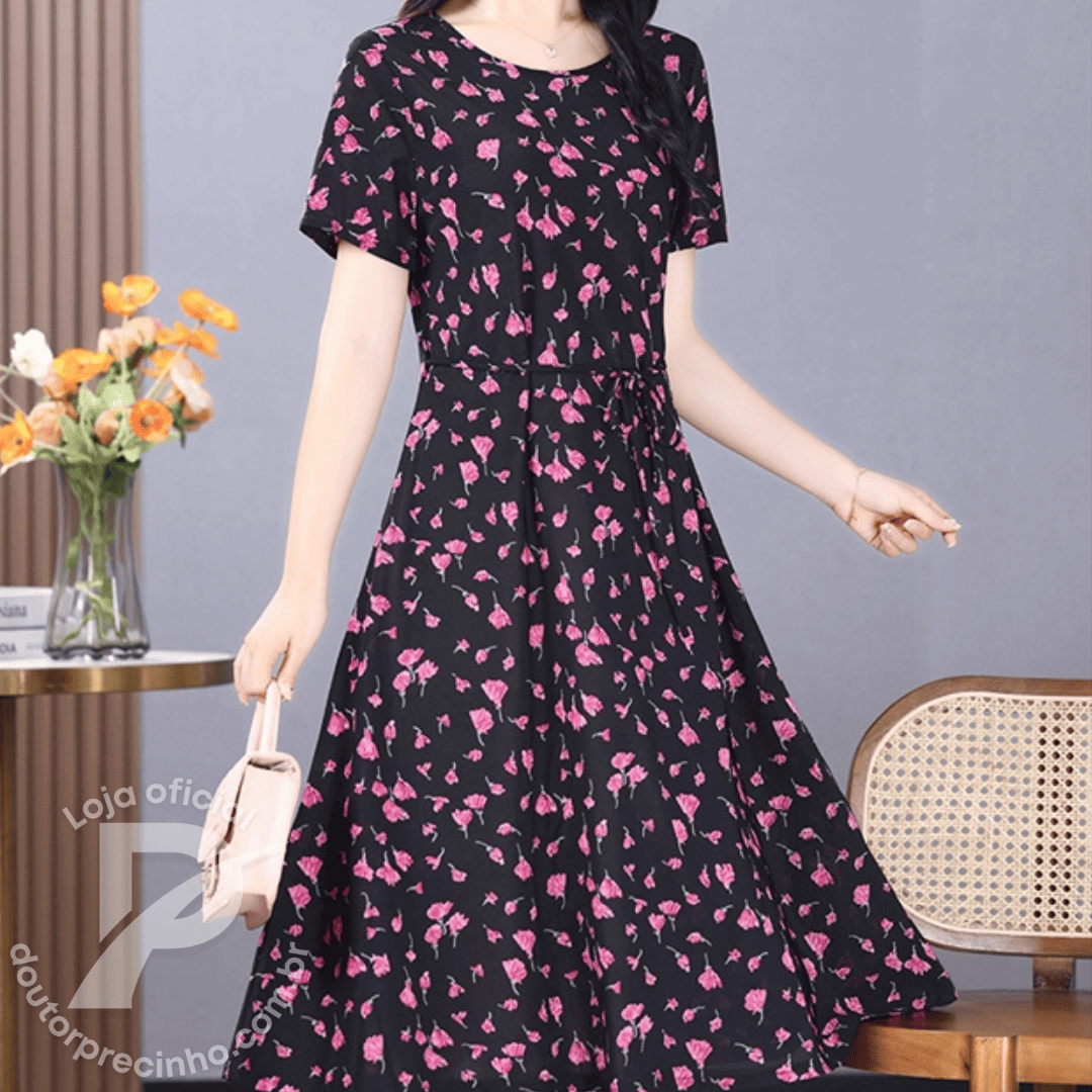 Vestido Feminino Allegra - Midi com Estampa Elegante e Cinto Ajustável
