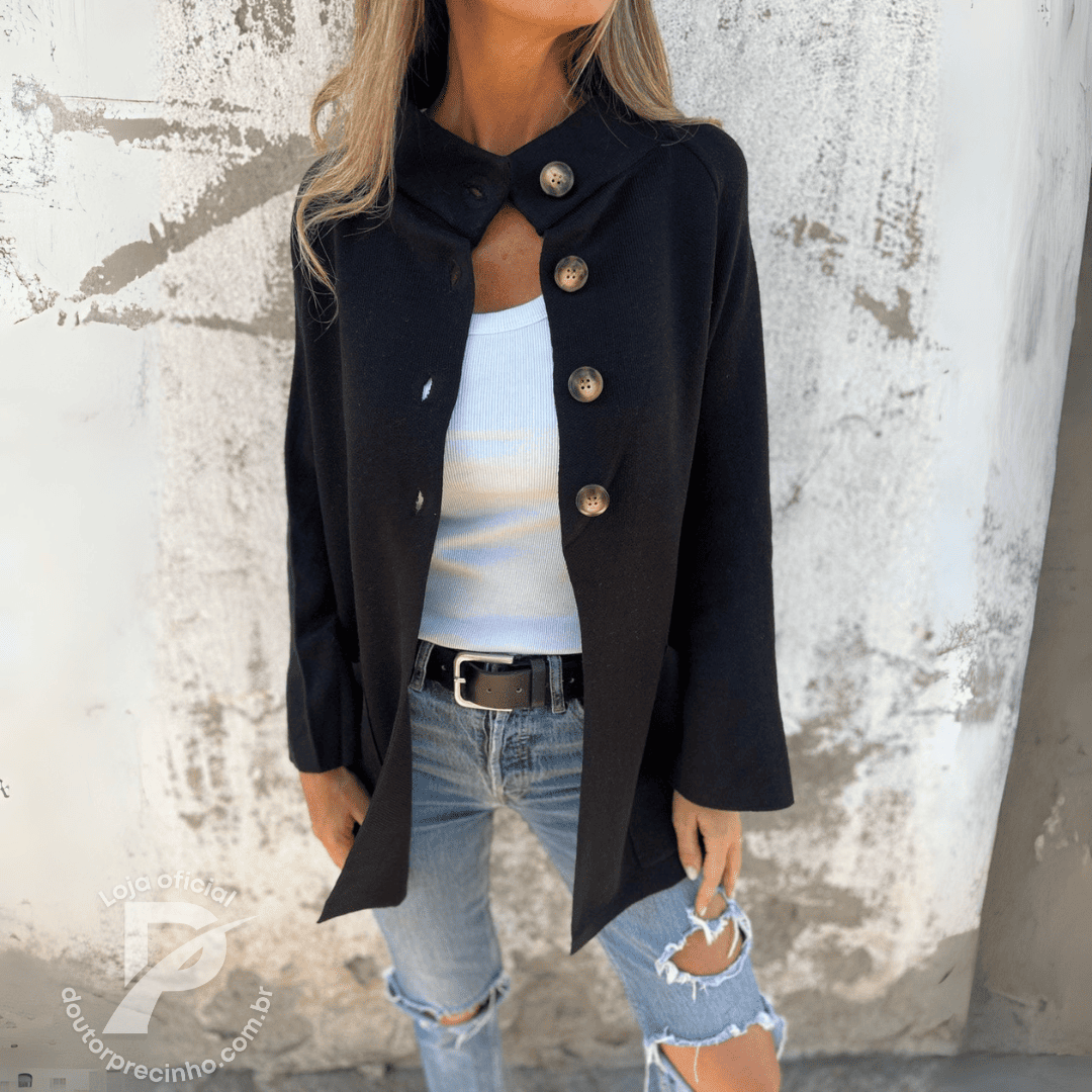 Jaqueta Feminina Marcela com Gola Alta e Fechamento de Botões