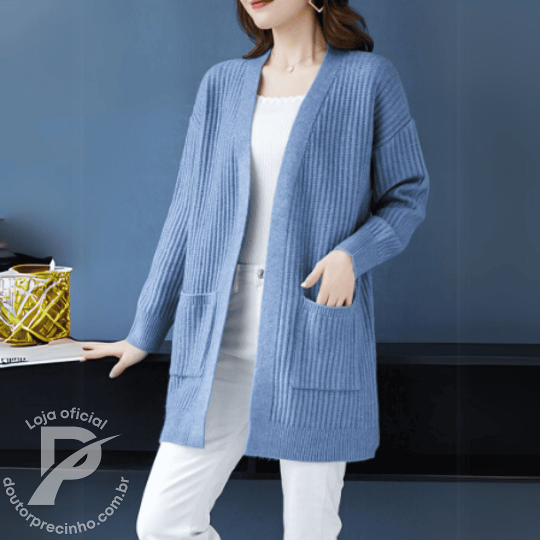 Cardigan Feminino Estela em Tricô Grosso com Bolsos Frontais – Conforto Elegante