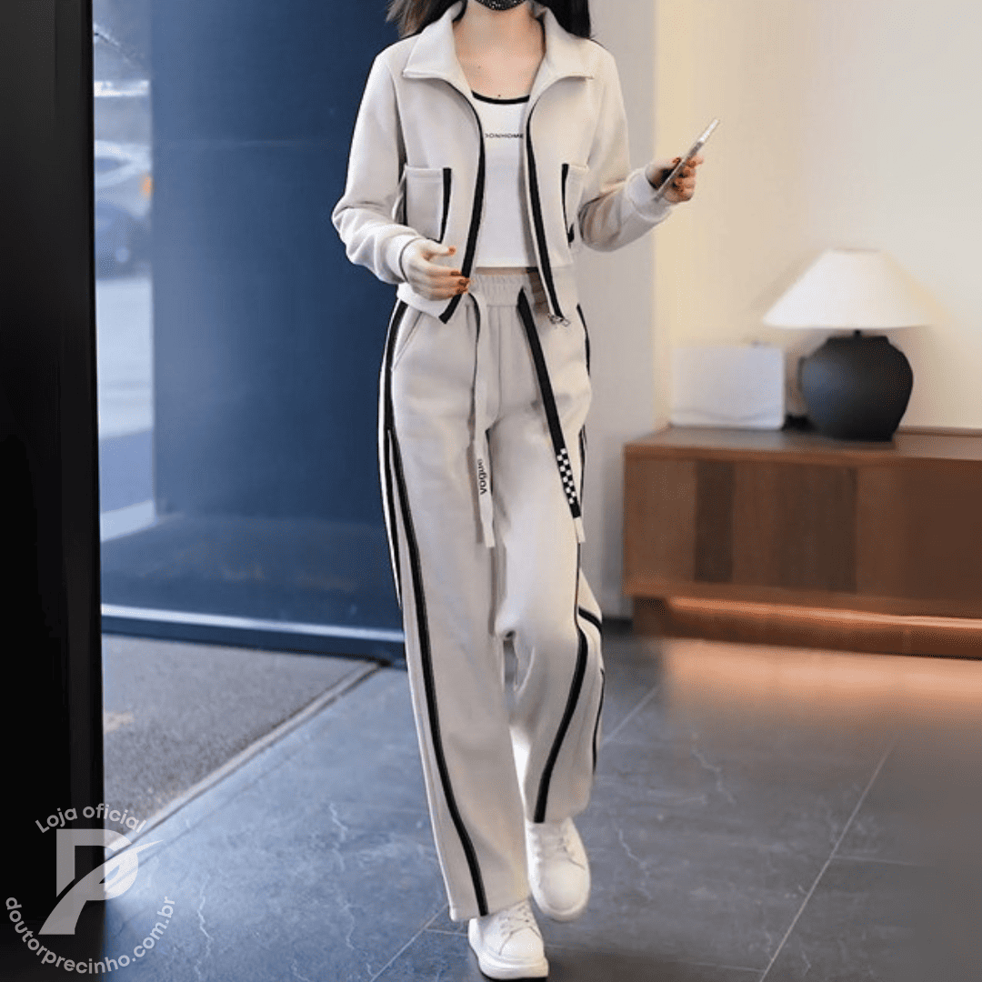 Conjunto Esportivo Feminino Vayla - Jaqueta com Zíper e Calça com Listras Laterais