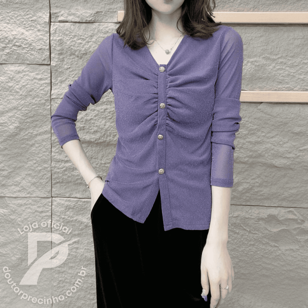 Blusa Feminina Elegante com Brilho e Botões Dourados – Anelise