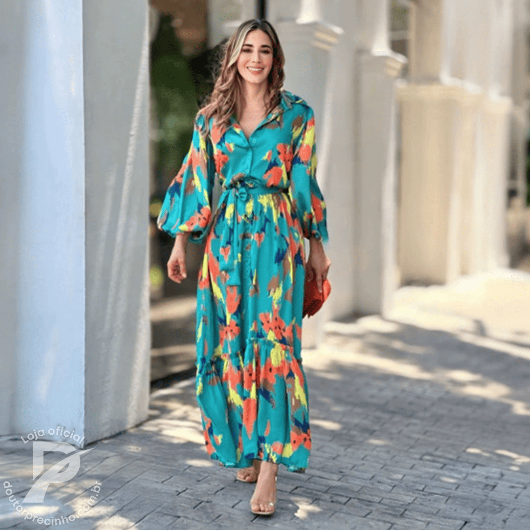 Vestido Longo Armelia - Mangas Amplas e Faixa Ajustável