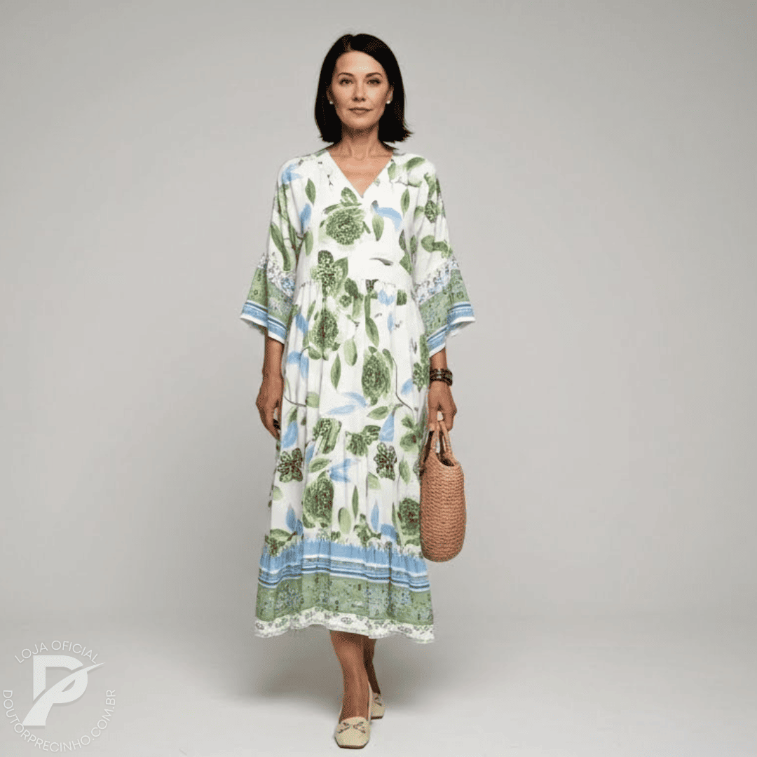 Vestido Longo Benedetta - Modelagem Fluída, Tecido Leve e Estampa Sofisticada