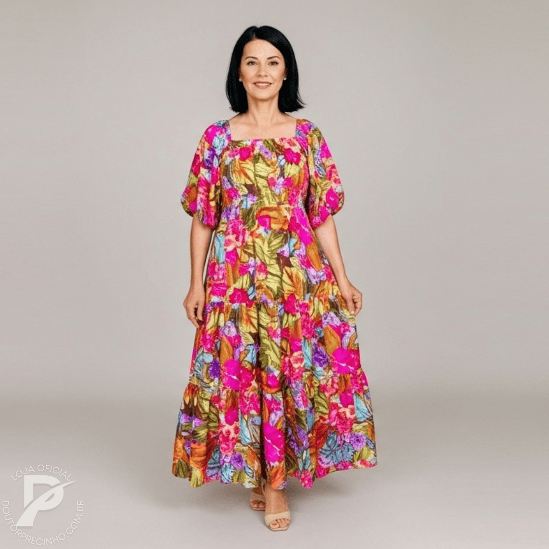 Vestido Amani - Longo Floral com Mangas Bufantes
