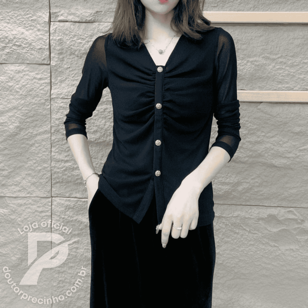 Blusa Feminina Elegante com Brilho e Botões Dourados – Anelise
