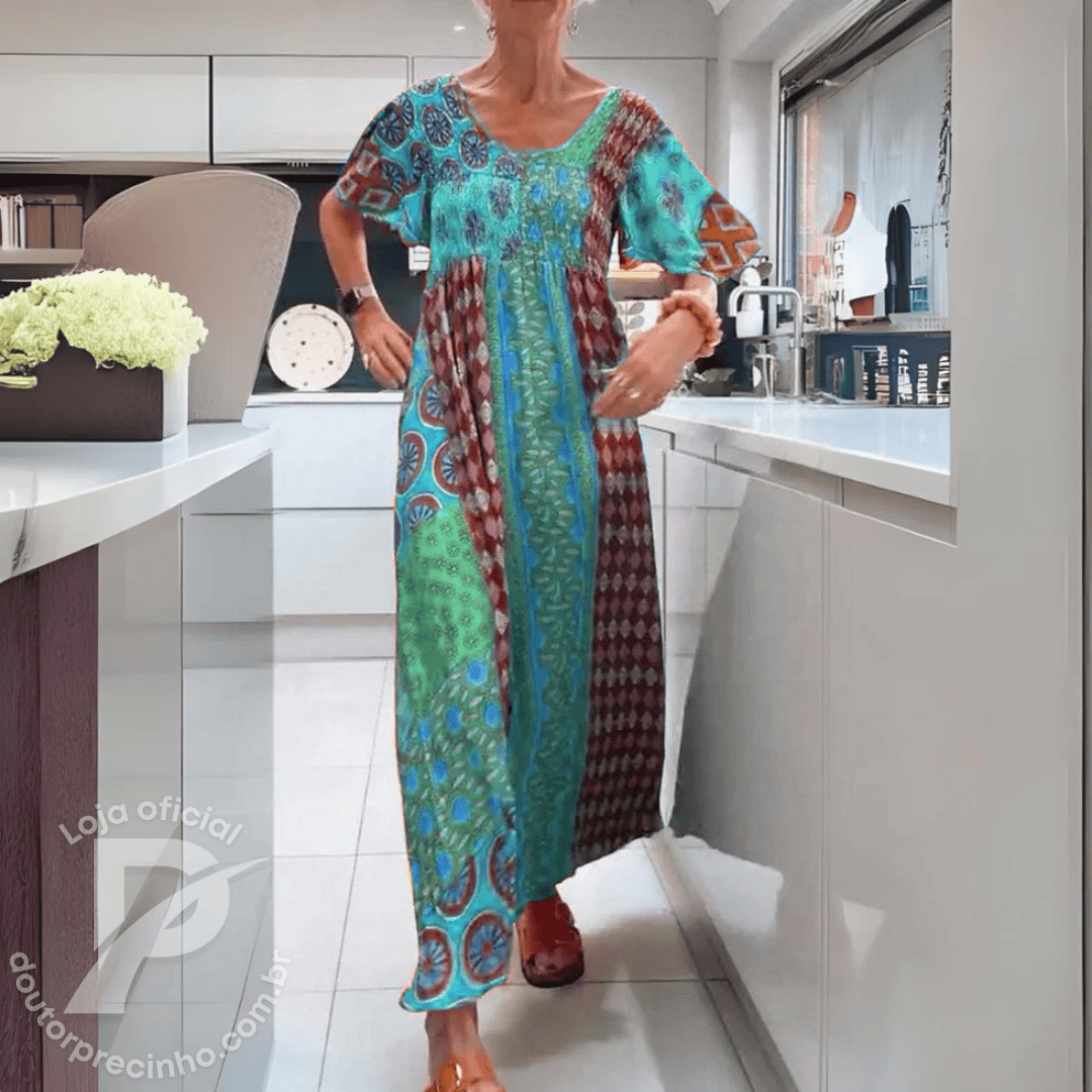 Vestido Feminino Yasmin - Modelo Longo com Estampa Étnica e Mangas Curtas