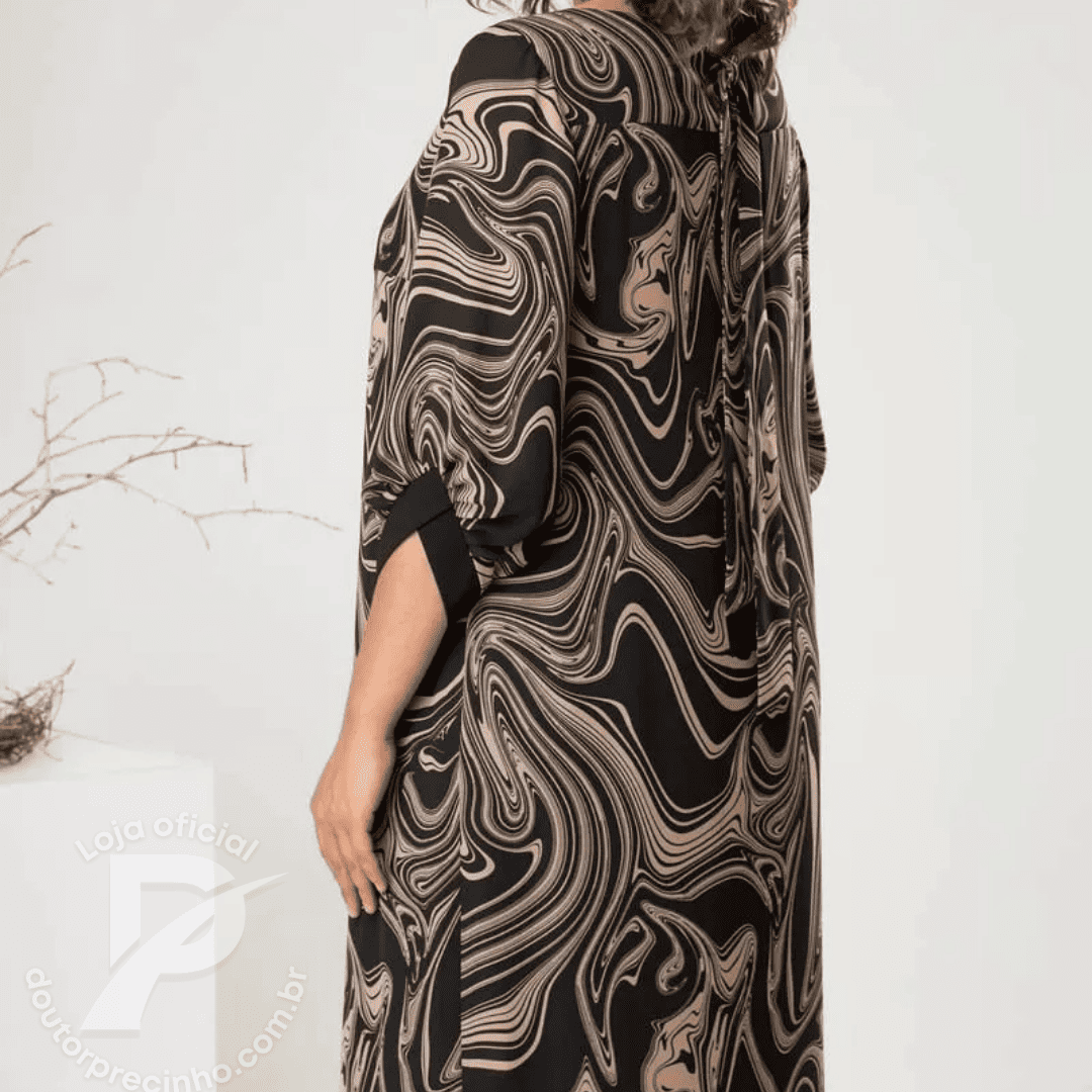 Vestido Feminino Thalita - Corte Midi com Estampa Abstrata e Mangas 3/4