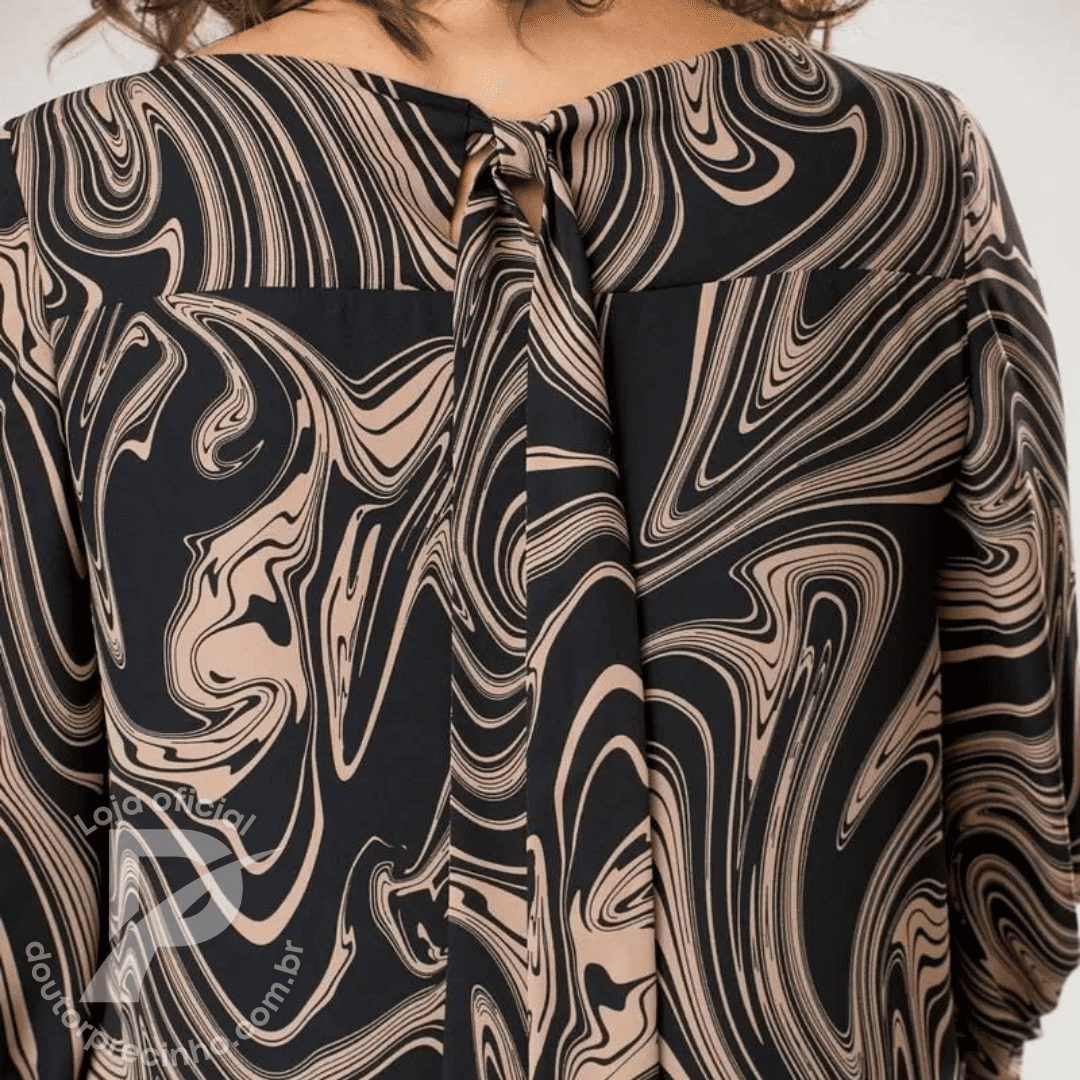 Vestido Feminino Thalita - Corte Midi com Estampa Abstrata e Mangas 3/4