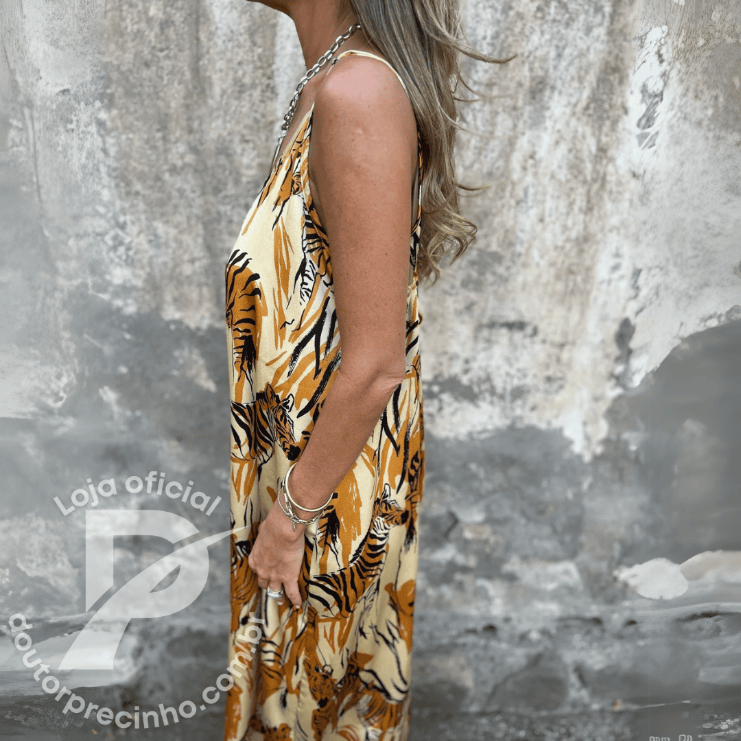 Vestido Longo Estampado Animal Print Alças Finas – Natália