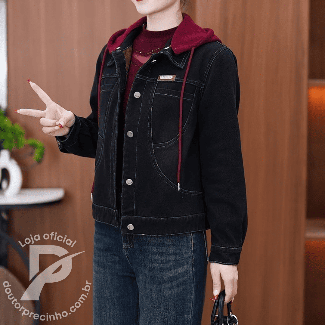 Jaqueta Jeans Hanna Forrada com Capuz Removível – Estilo e Conforto Térmico para o Dia a Dia