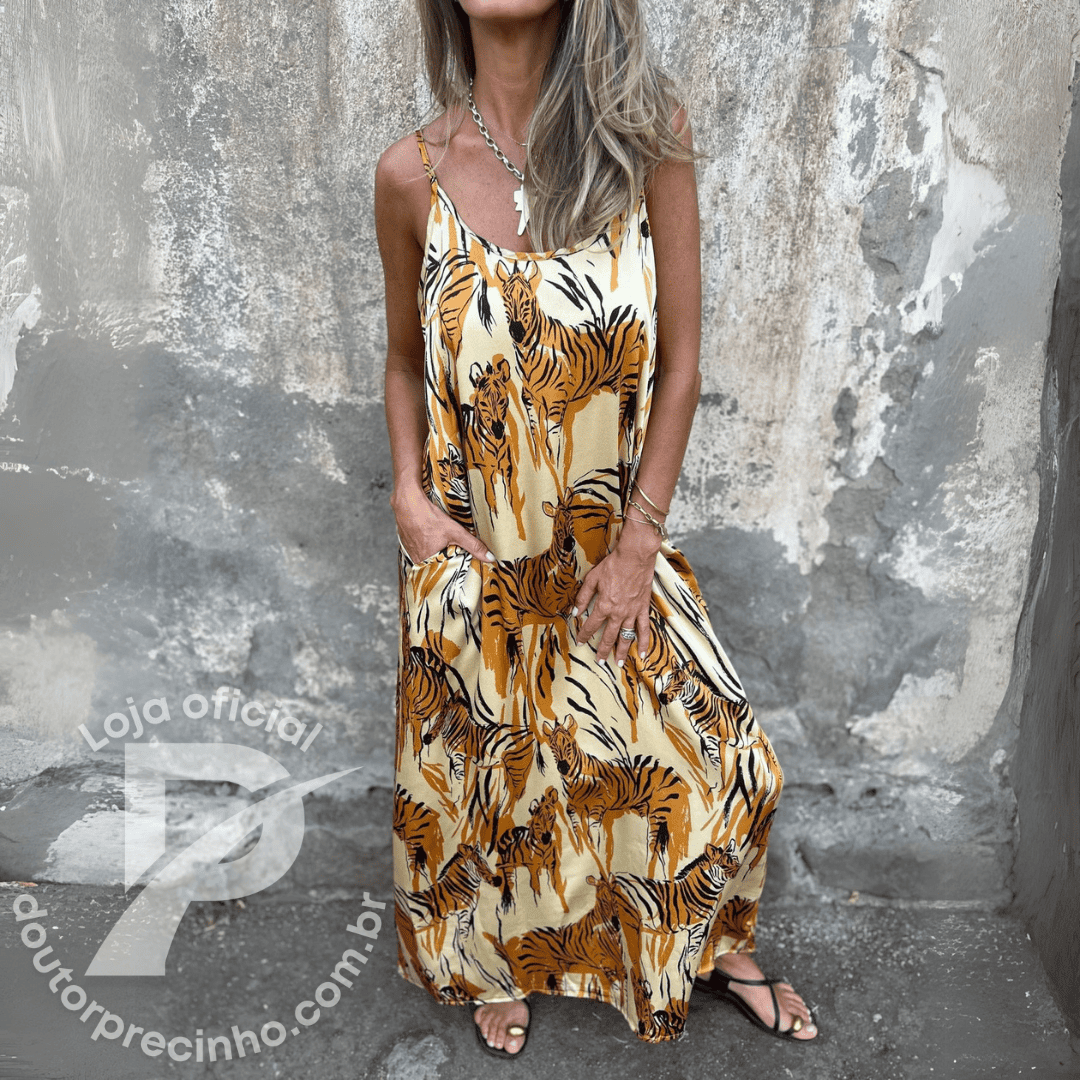 Vestido Longo Estampado Animal Print Alças Finas – Natália