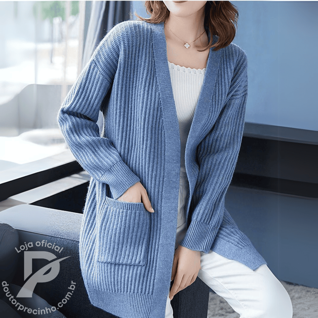 Cardigan Feminino Estela em Tricô Grosso com Bolsos Frontais – Conforto Elegante