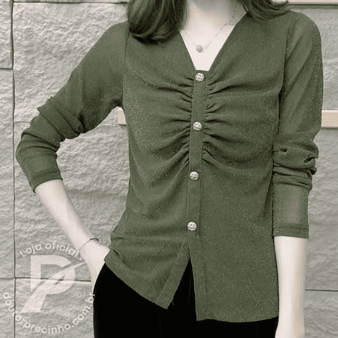 Blusa Feminina Elegante com Brilho e Botões Dourados – Anelise