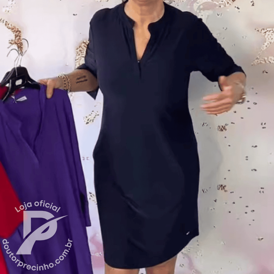 Vestido Feminino Melina - Corte Ajustado com Mangas 3/4 e Gola V