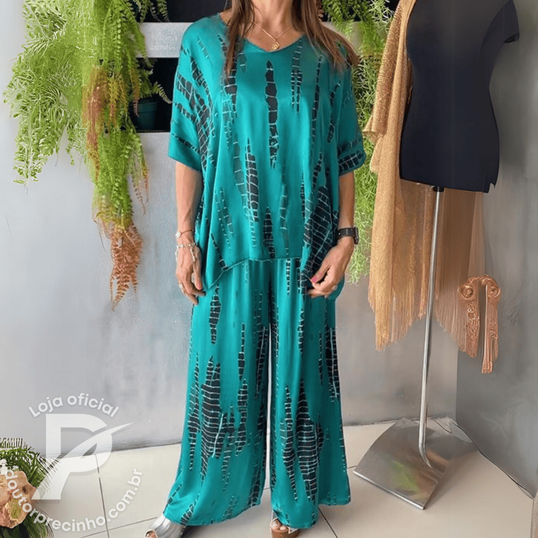 Conjunto Feminino Rafaela - Blusa e Calça Solta com Estampa Moderna e Bolsos