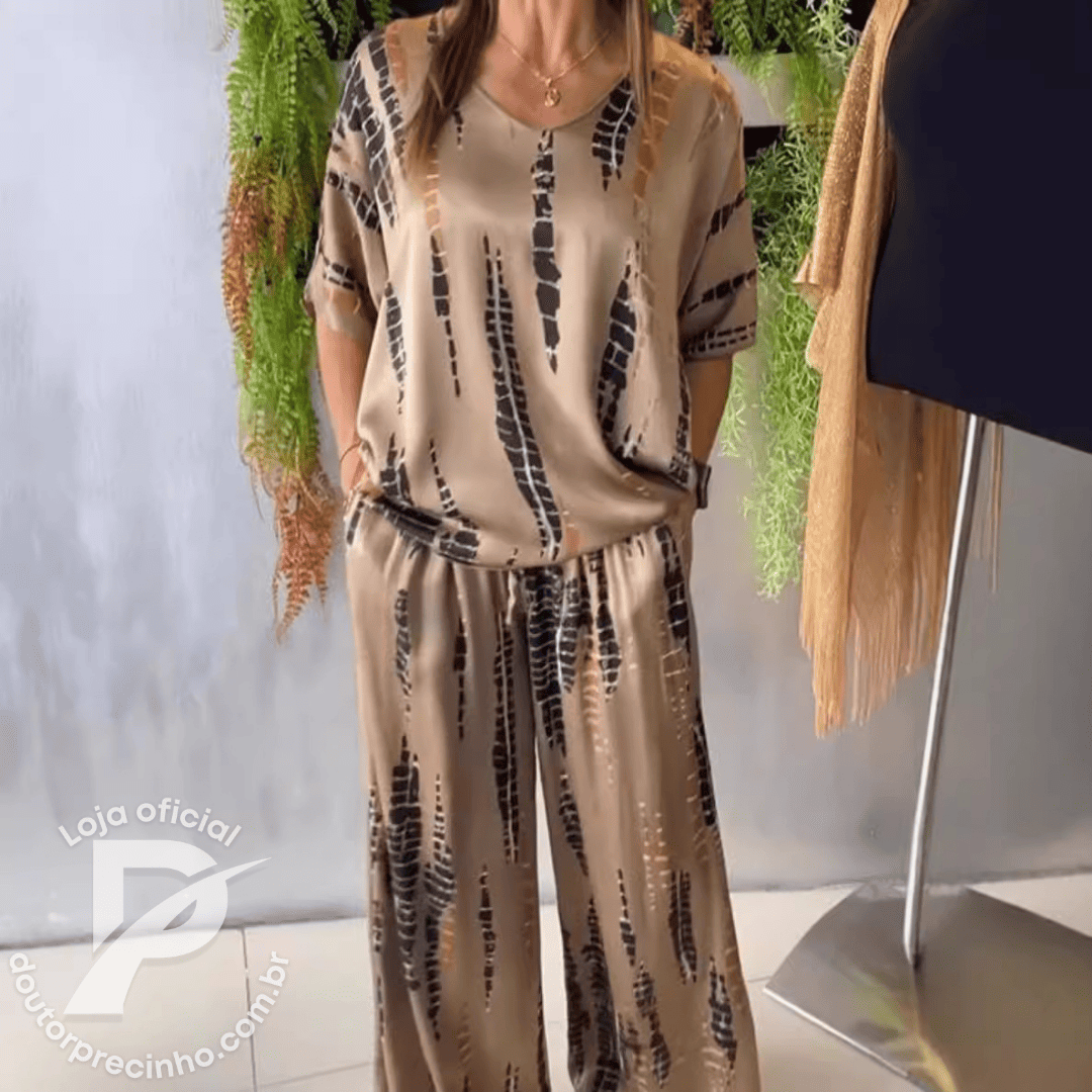 Conjunto Feminino Rafaela - Blusa e Calça Solta com Estampa Moderna e Bolsos