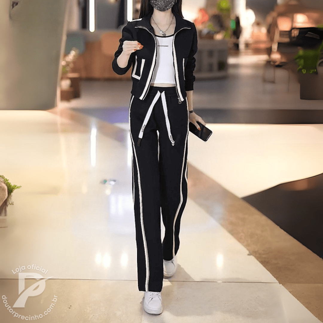 Conjunto Esportivo Feminino Vayla - Jaqueta com Zíper e Calça com Listras Laterais