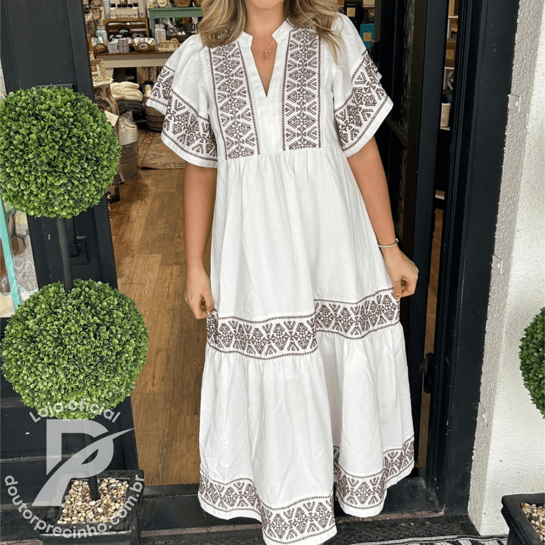 Vestido Feminino Amara - Modelo Longo com Bordado Étnico e Mangas Amplas