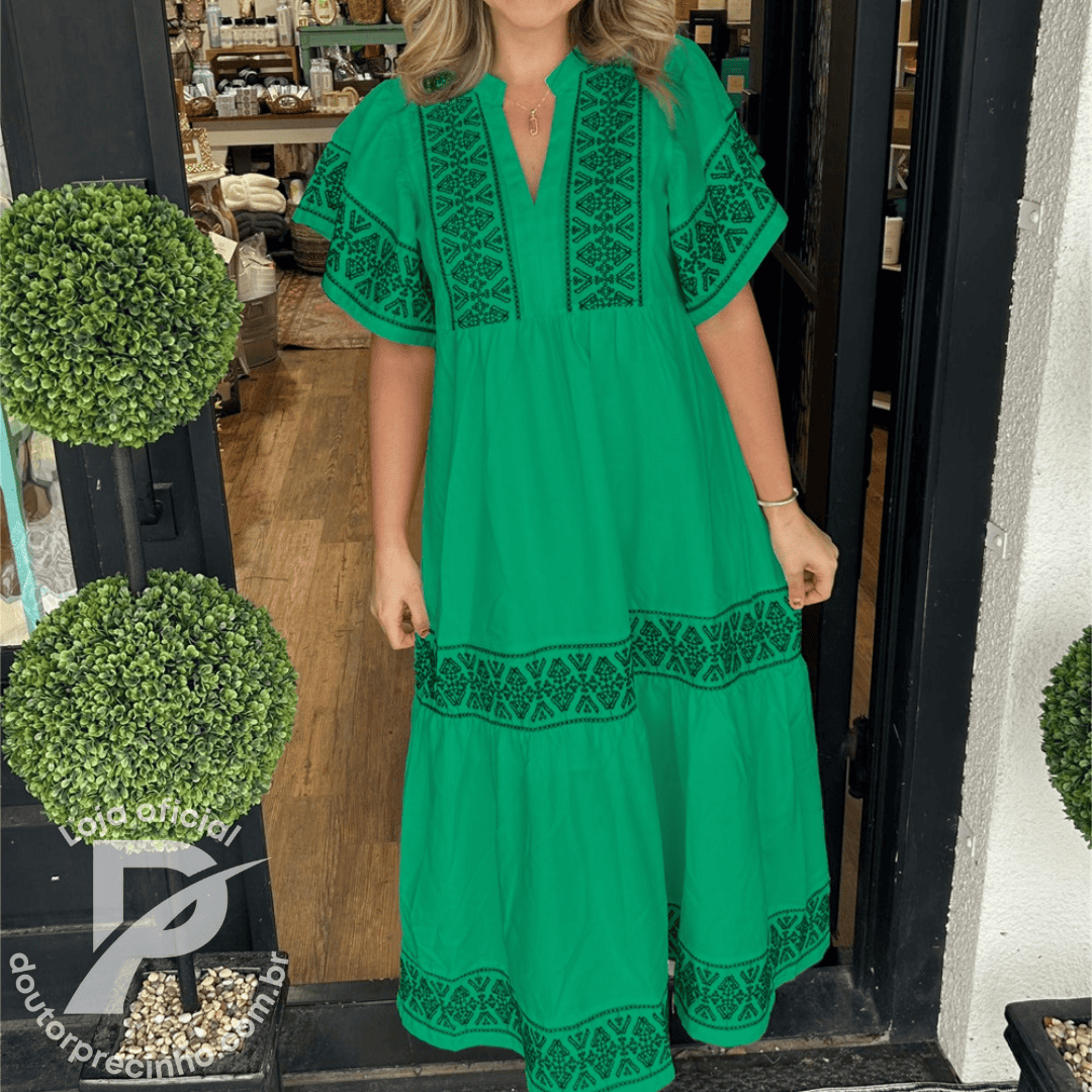 Vestido Feminino Amara - Modelo Longo com Bordado Étnico e Mangas Amplas