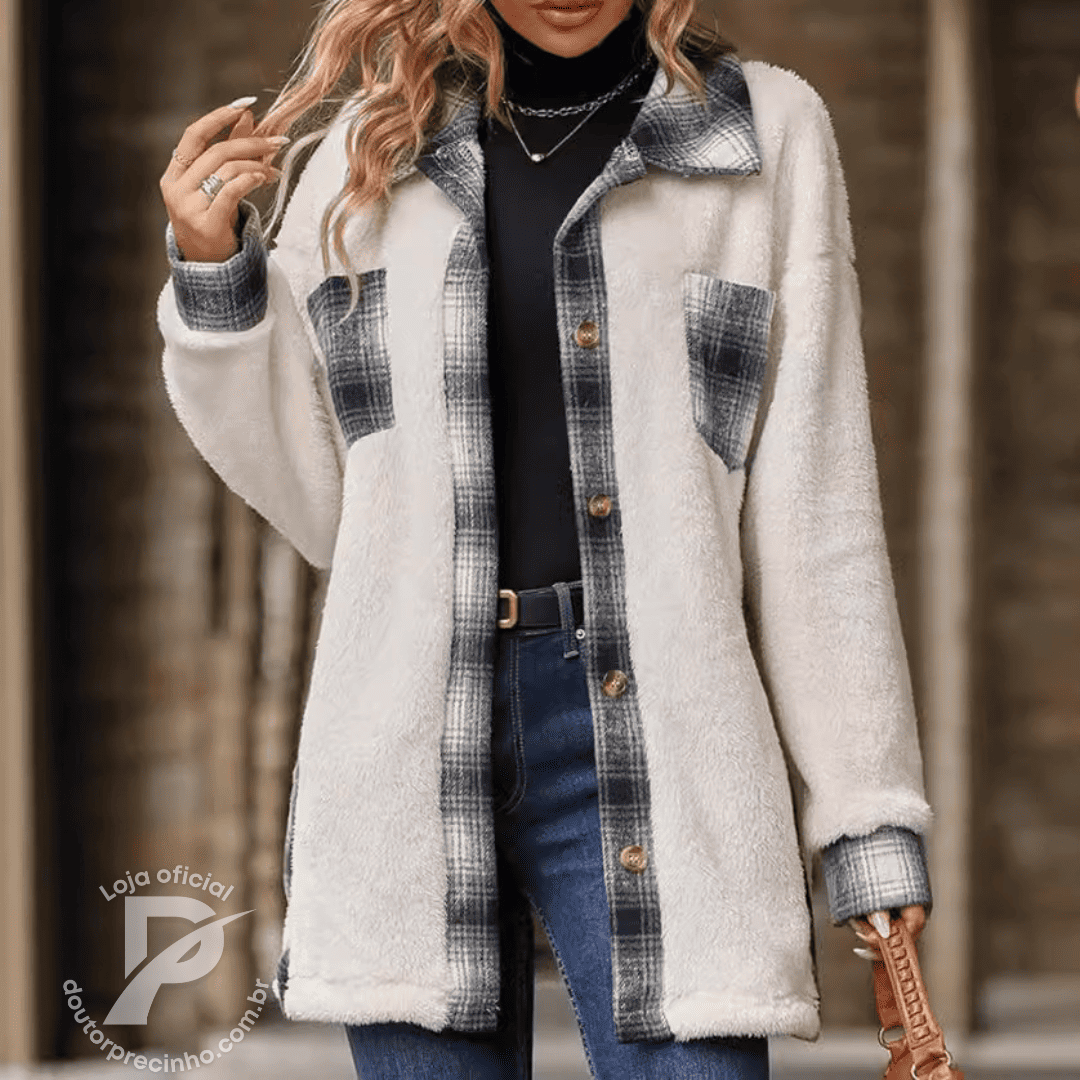 Casaco Yasminne - Peluciada com Detalhes Xadrez Estilo Urbano