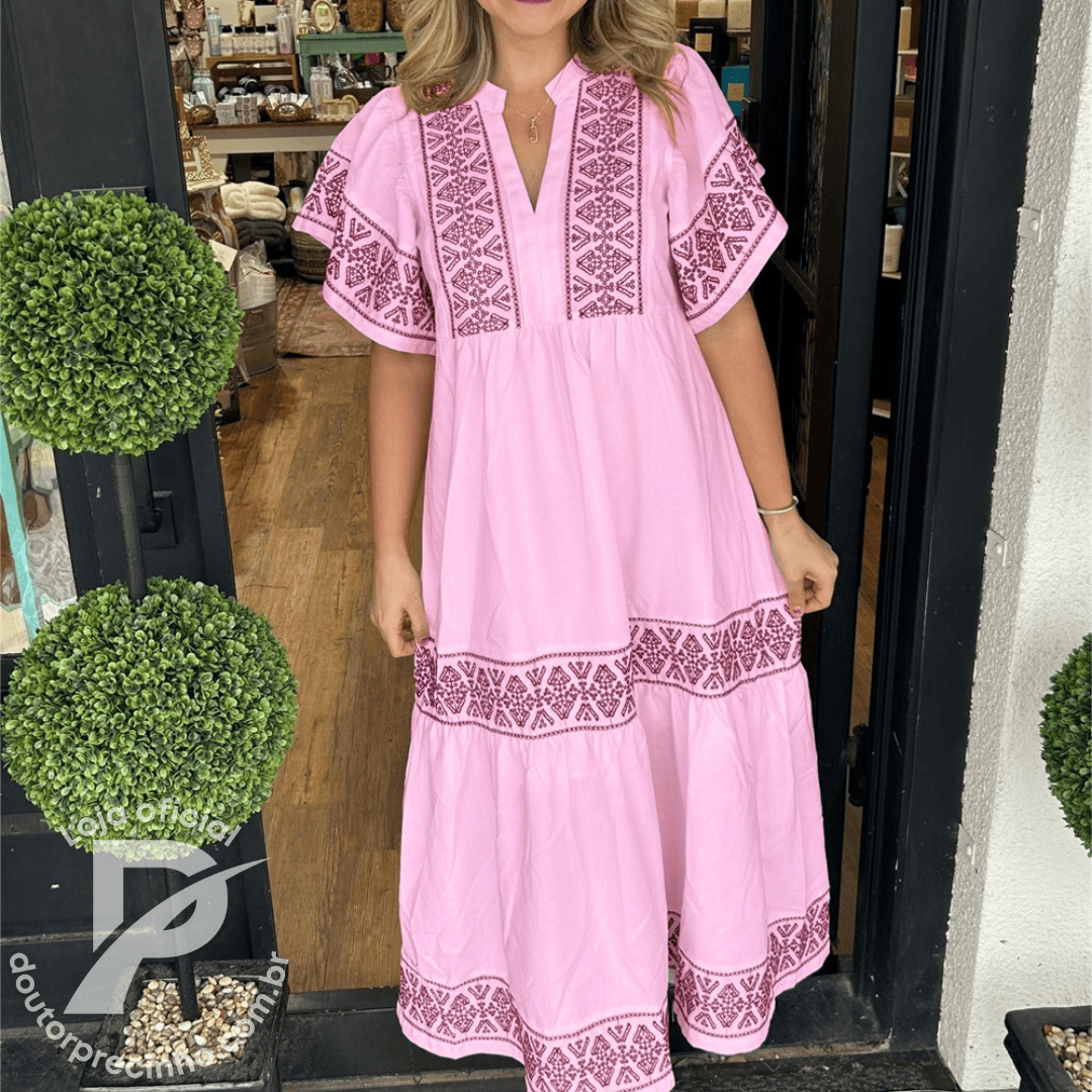 Vestido Feminino Amara - Modelo Longo com Bordado Étnico e Mangas Amplas