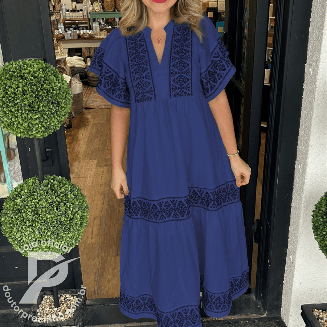 Vestido Feminino Amara - Modelo Longo com Bordado Étnico e Mangas Amplas