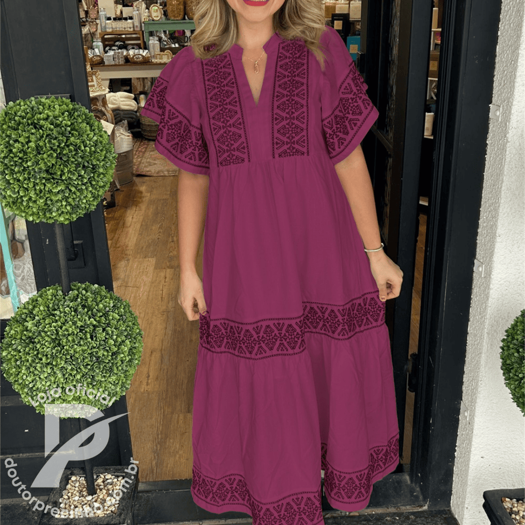 Vestido Feminino Amara - Modelo Longo com Bordado Étnico e Mangas Amplas