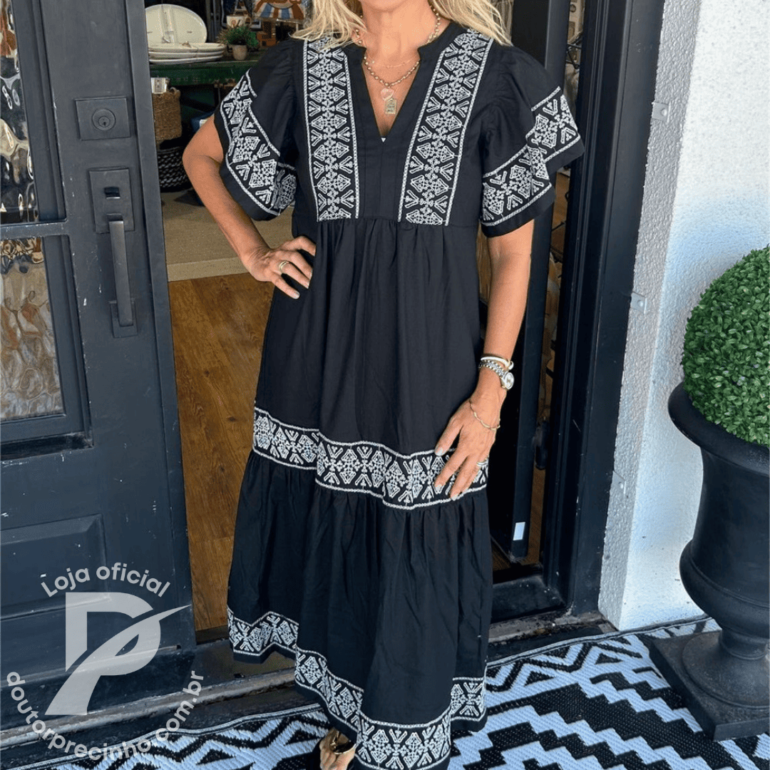 Vestido Feminino Amara - Modelo Longo com Bordado Étnico e Mangas Amplas