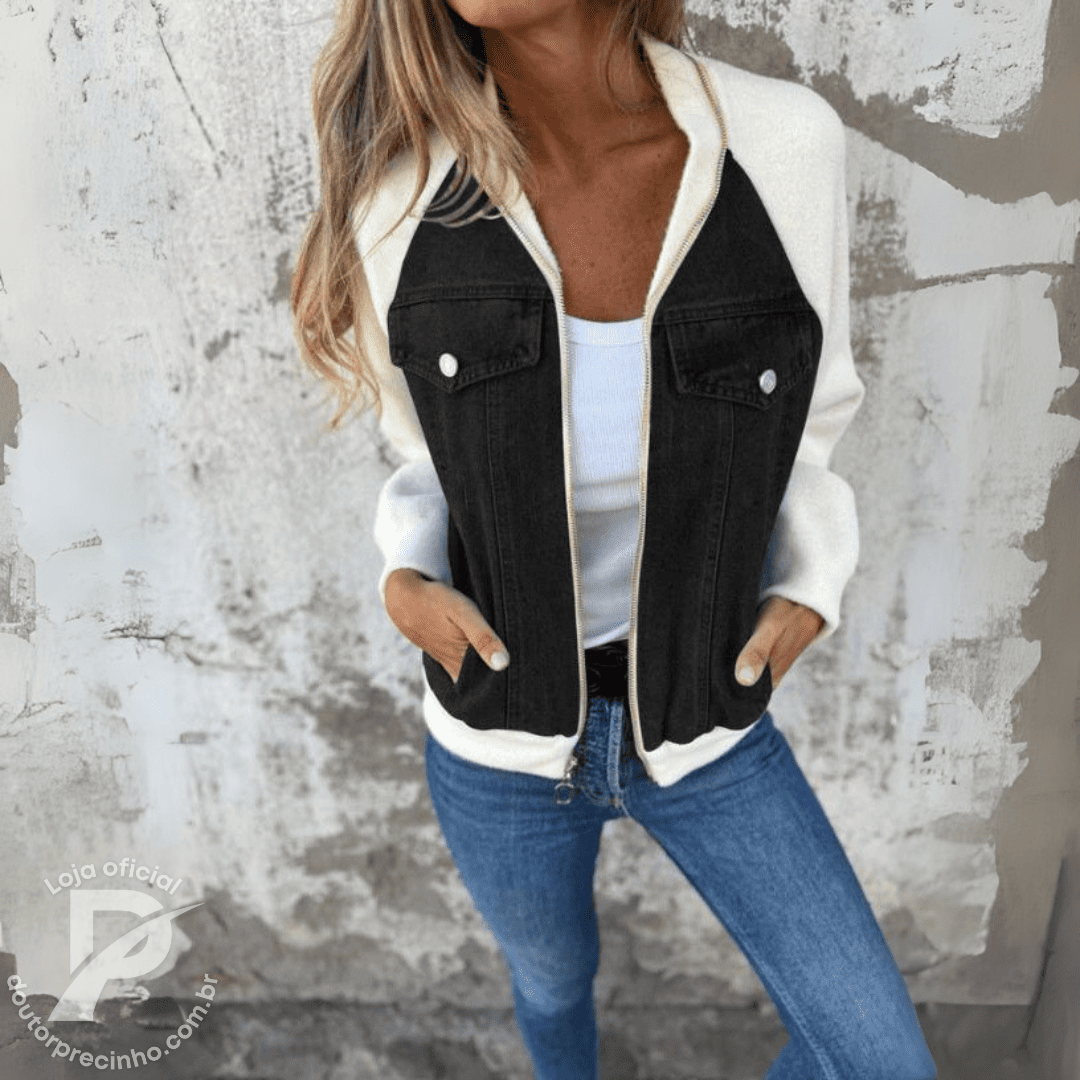 Jaqueta Lunara - Jeans com Mangas de Malha e Zíper Frontal