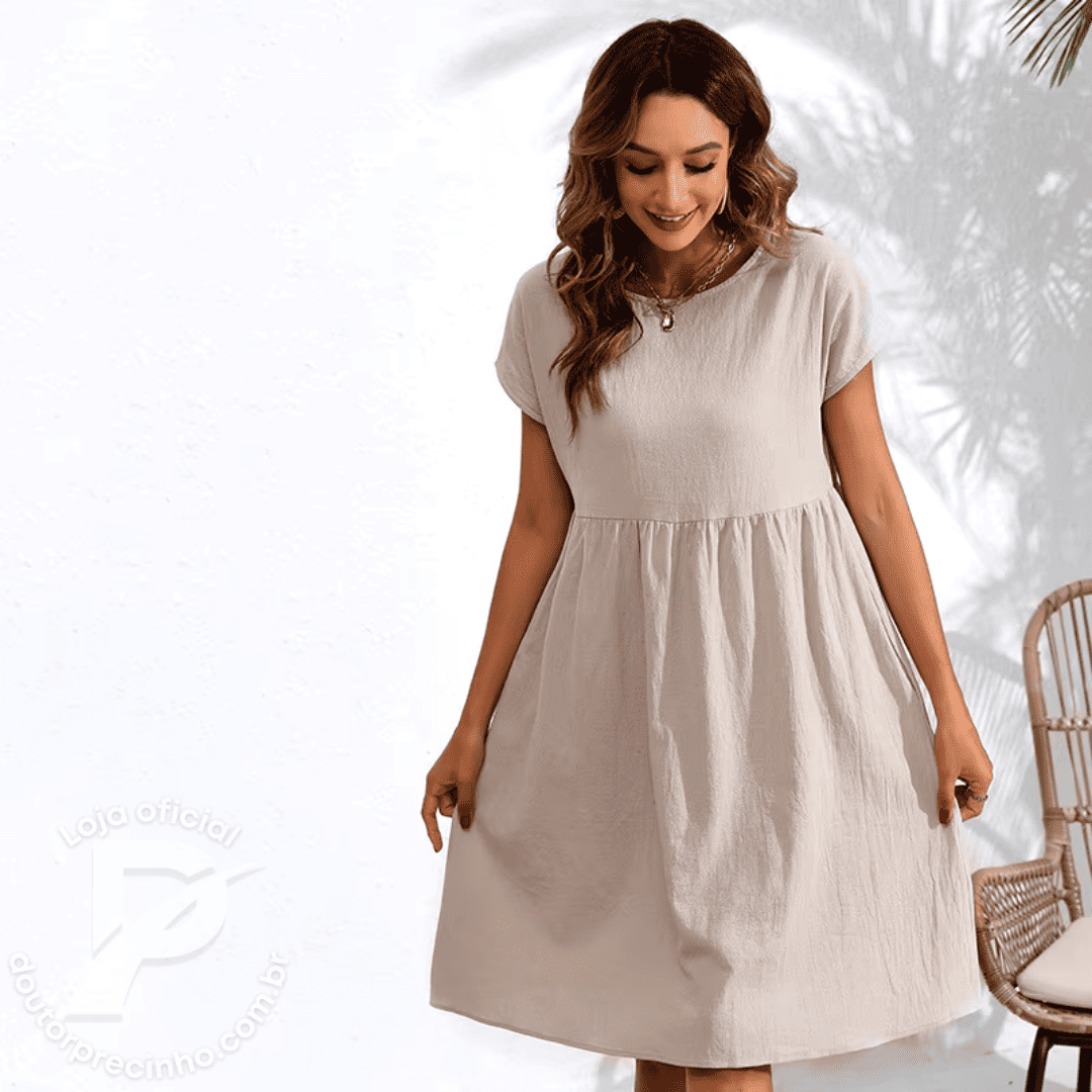 Vestido Feminino Celine - Modelagem Solta com Mangas Curtas e Cintura Ajustada