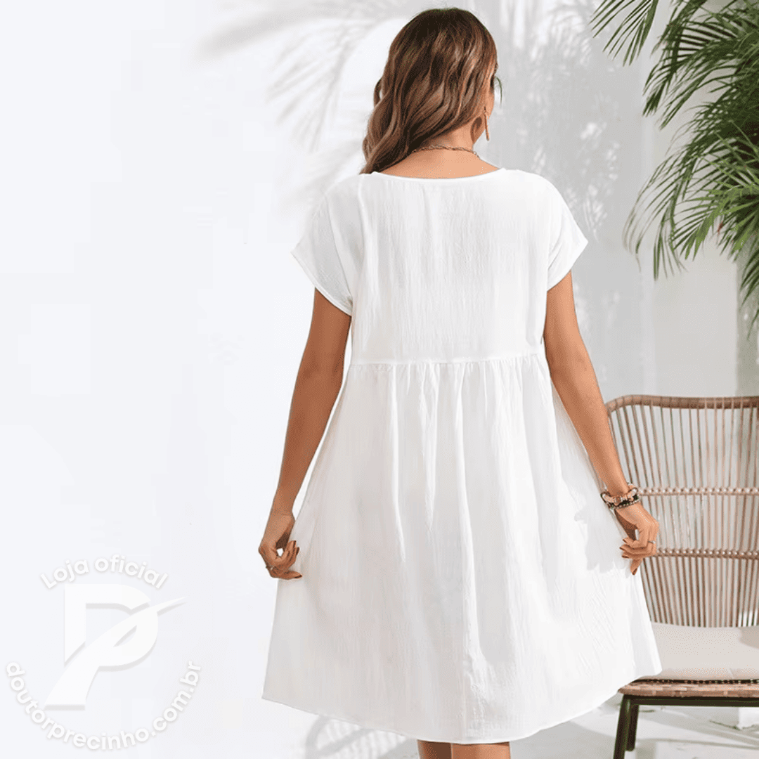 Vestido Feminino Celine - Modelagem Solta com Mangas Curtas e Cintura Ajustada