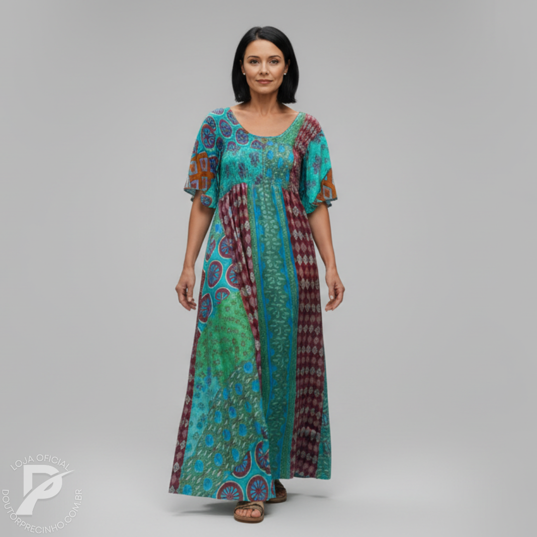 Vestido Feminino Yasmin - Modelo Longo com Estampa Étnica e Mangas Curtas