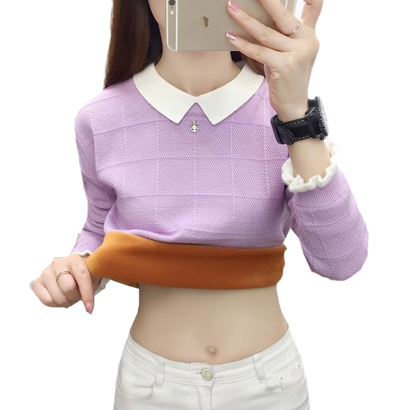 Suéter feminino forrada em veludo - Gola colarinho