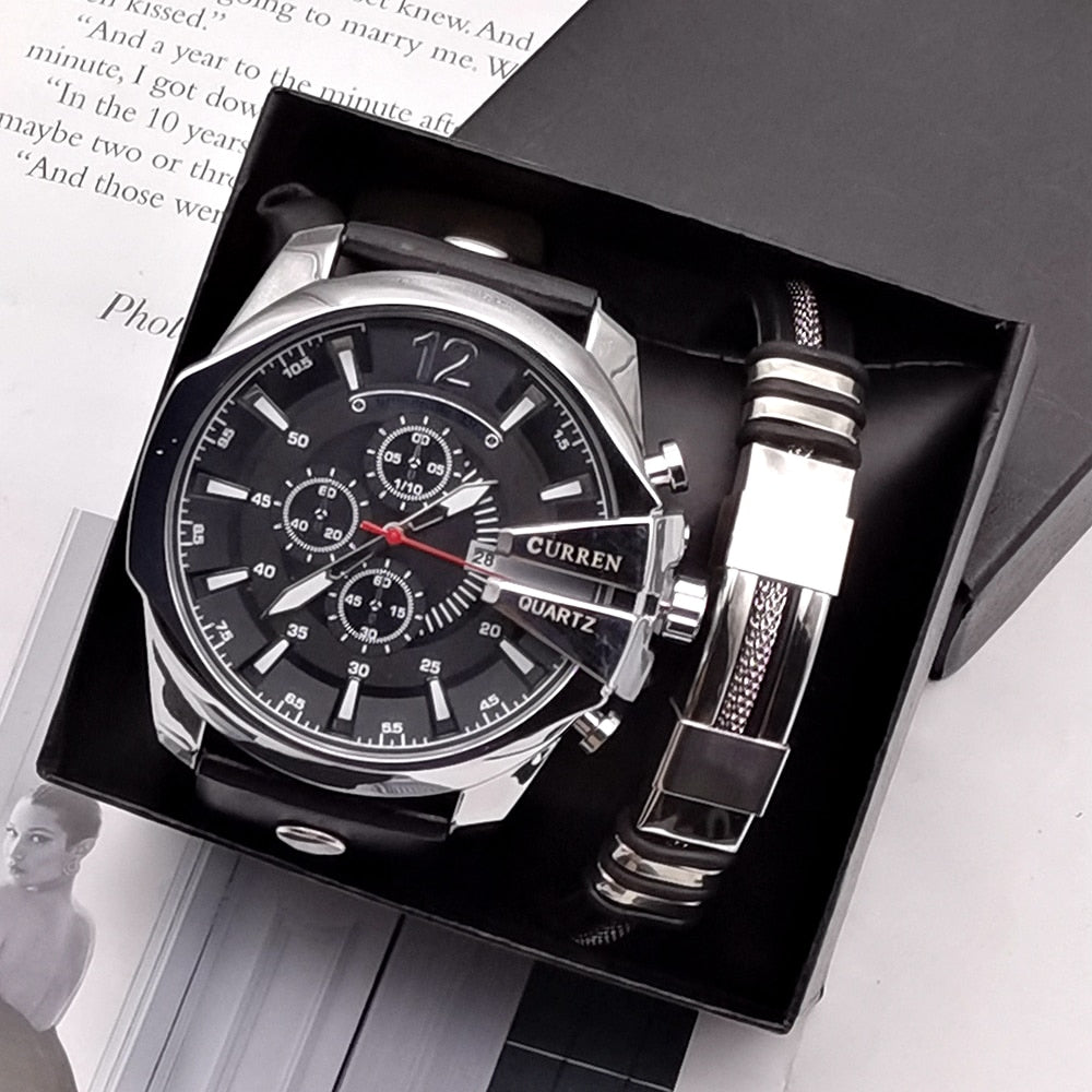 Relógio luxuoso masculino + Pulseira em couro