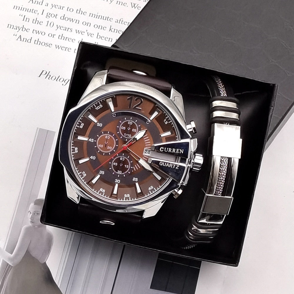 Relógio luxuoso masculino + Pulseira em couro