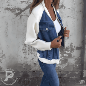 Jaqueta Lunara - Jeans com Mangas de Malha e Zíper Frontal