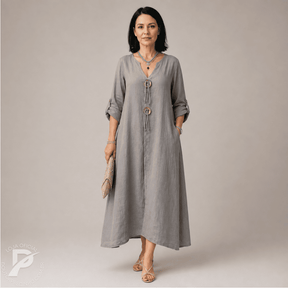 Vestido Feminino Aurora - Modelo Longo com Botões Decorativos e Mangas 3/4
