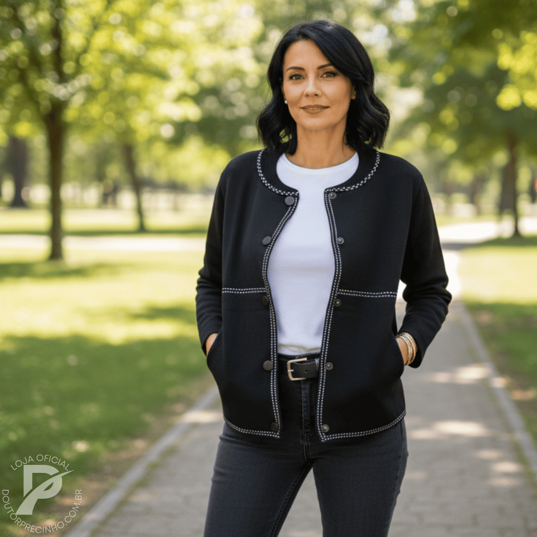 Casaco Feminino Branco com Bordado Contrastante e Botões – Modelo Ariella