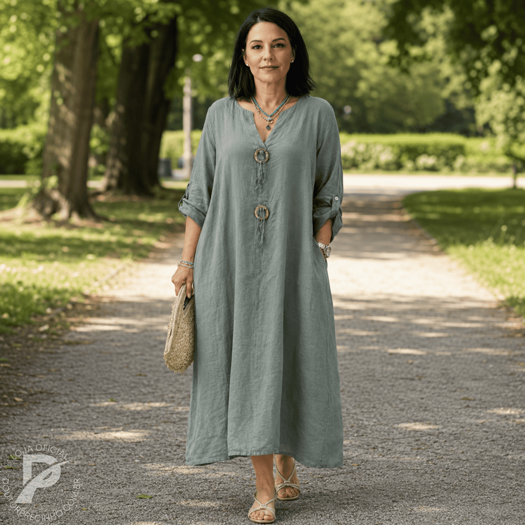 Vestido Feminino Aurora - Modelo Longo com Botões Decorativos e Mangas 3/4