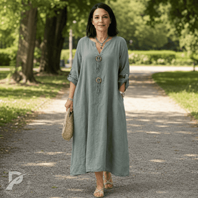 Vestido Feminino Aurora - Modelo Longo com Botões Decorativos e Mangas 3/4