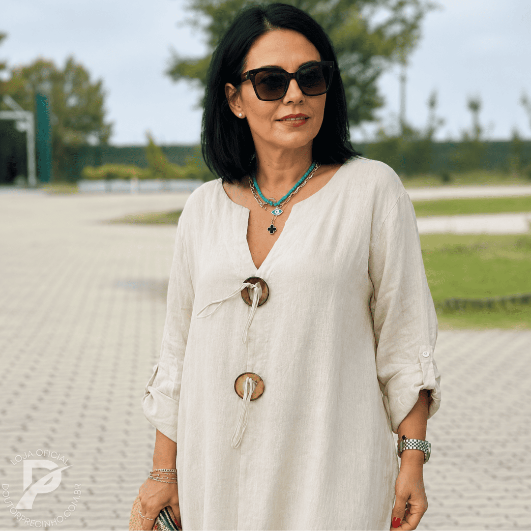 Vestido Feminino Aurora - Modelo Longo com Botões Decorativos e Mangas 3/4