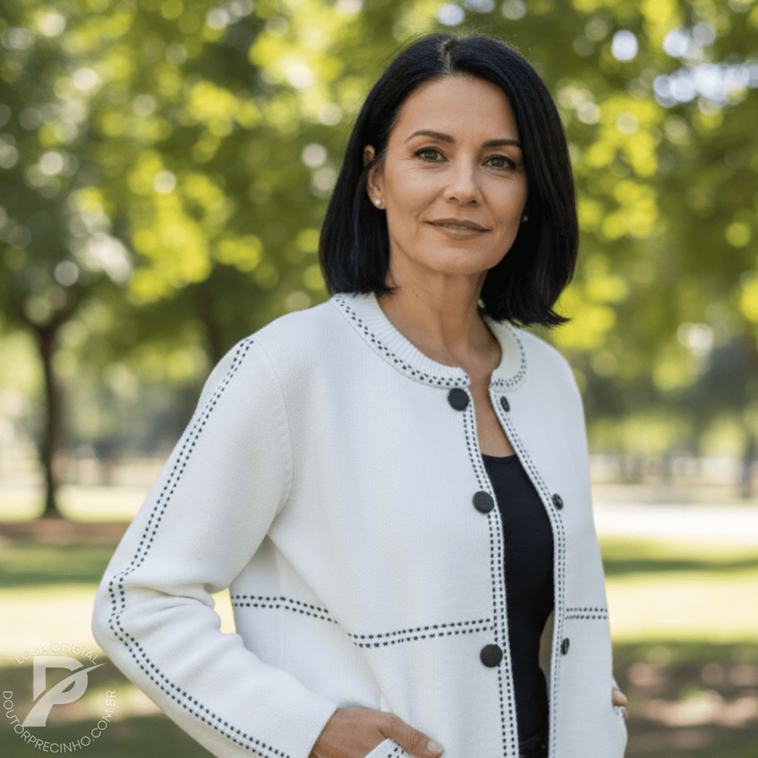 Casaco Feminino Branco com Bordado Contrastante e Botões – Modelo Ariella